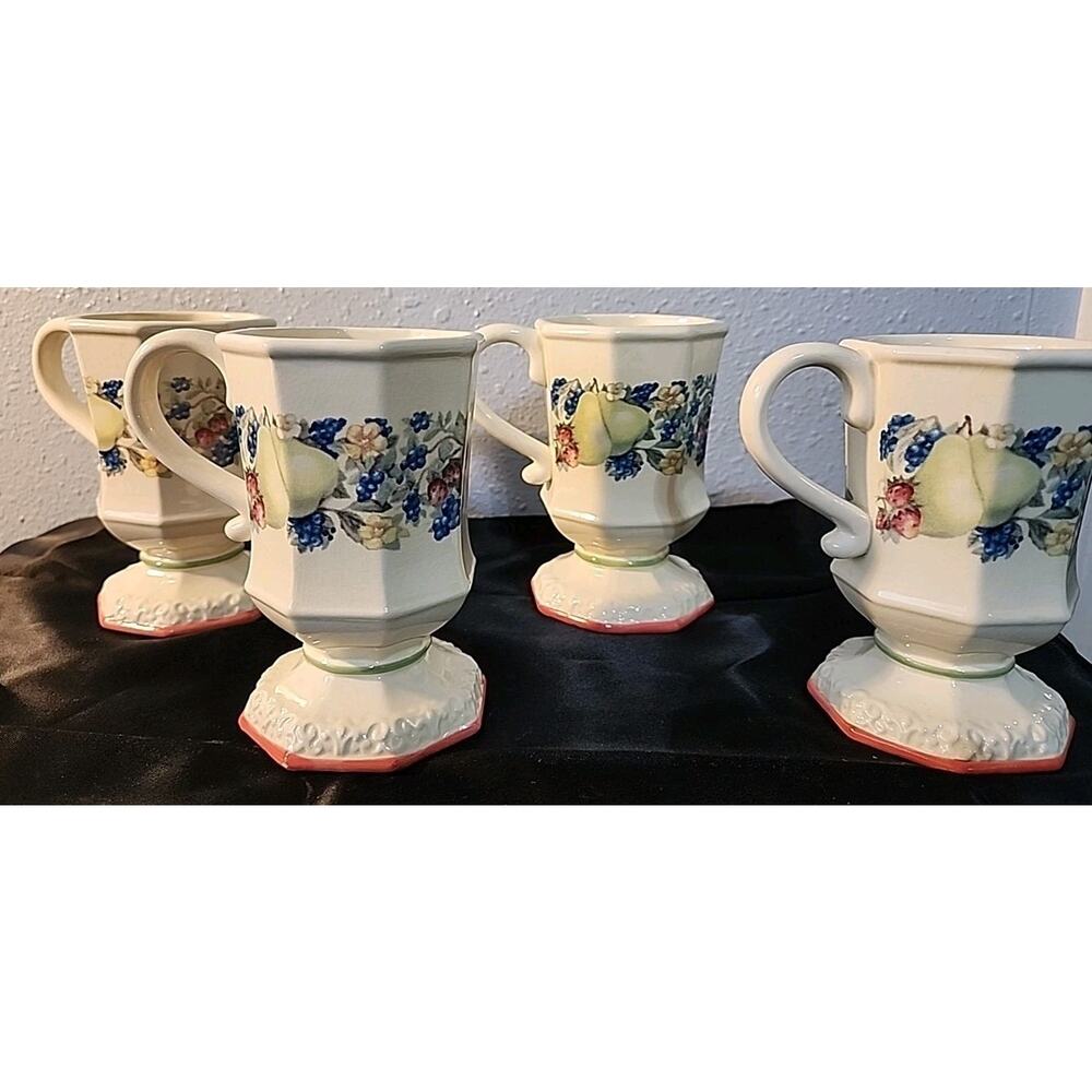 Vintage Set of Four Sweet Country Harvest Octagonal Pedestal Mugs Avon